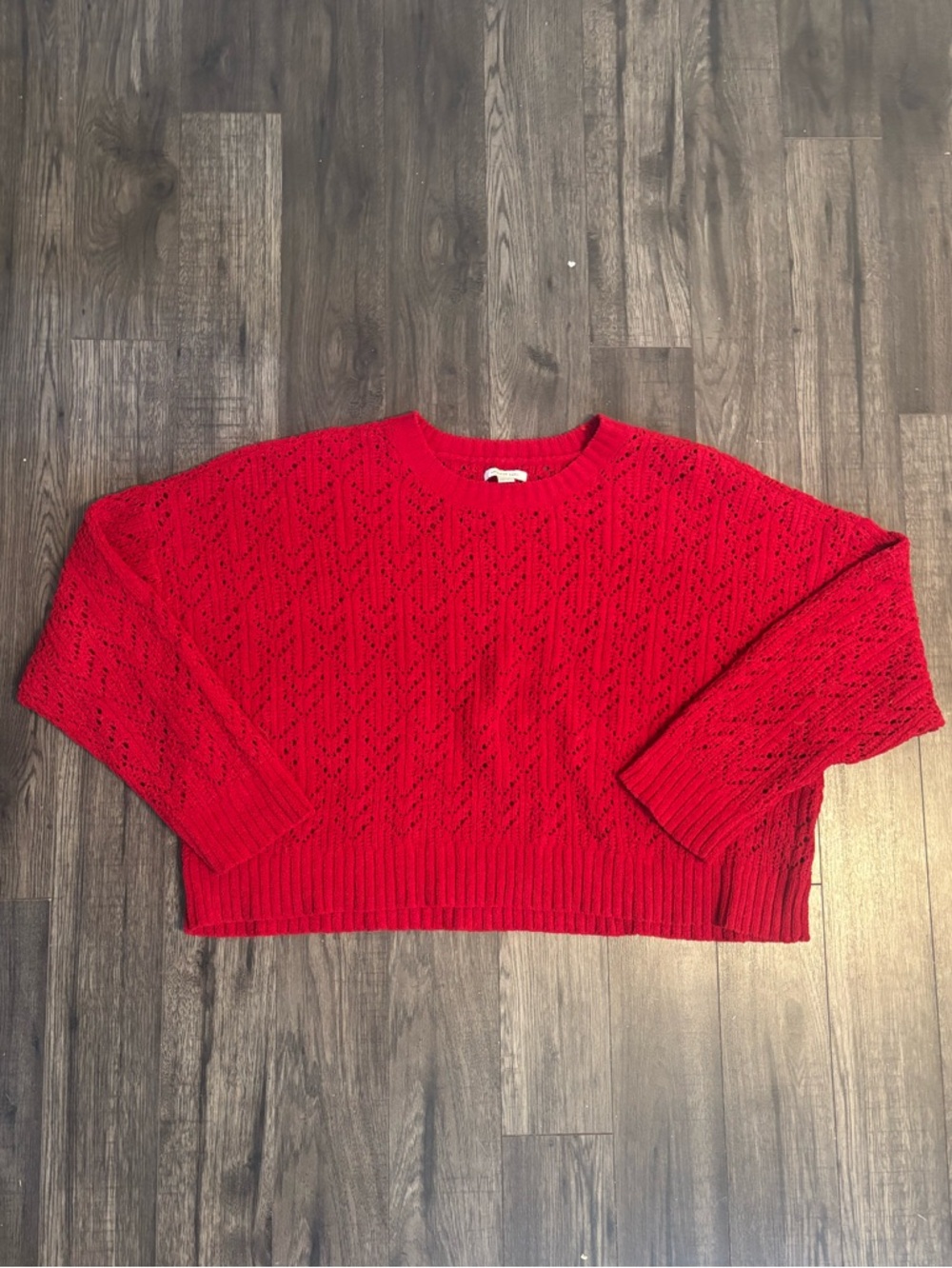 American Eagle Outfitters Red Openwork Knit Crewneck Sweater